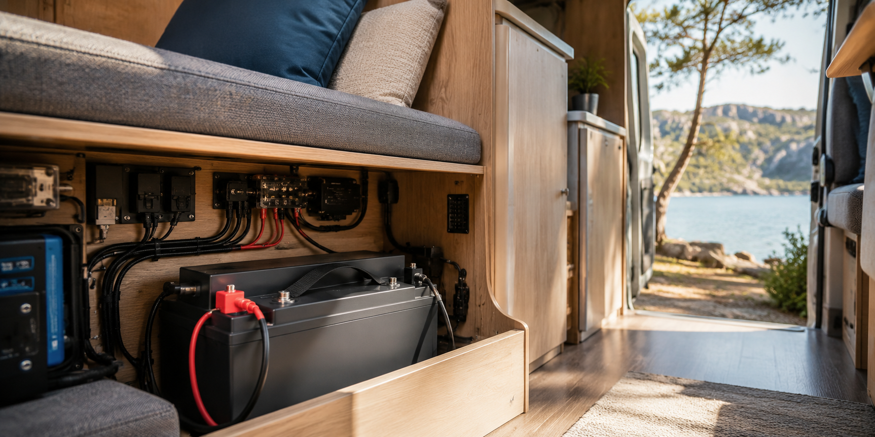 Batterie auxiliaire LiFePO4 installée dans un camping-car équipé de panneaux solaires