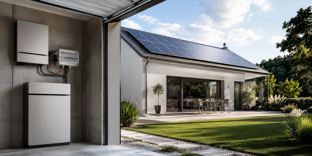 Batterie solaire installée dans une maison équipée de panneaux photovoltaïques