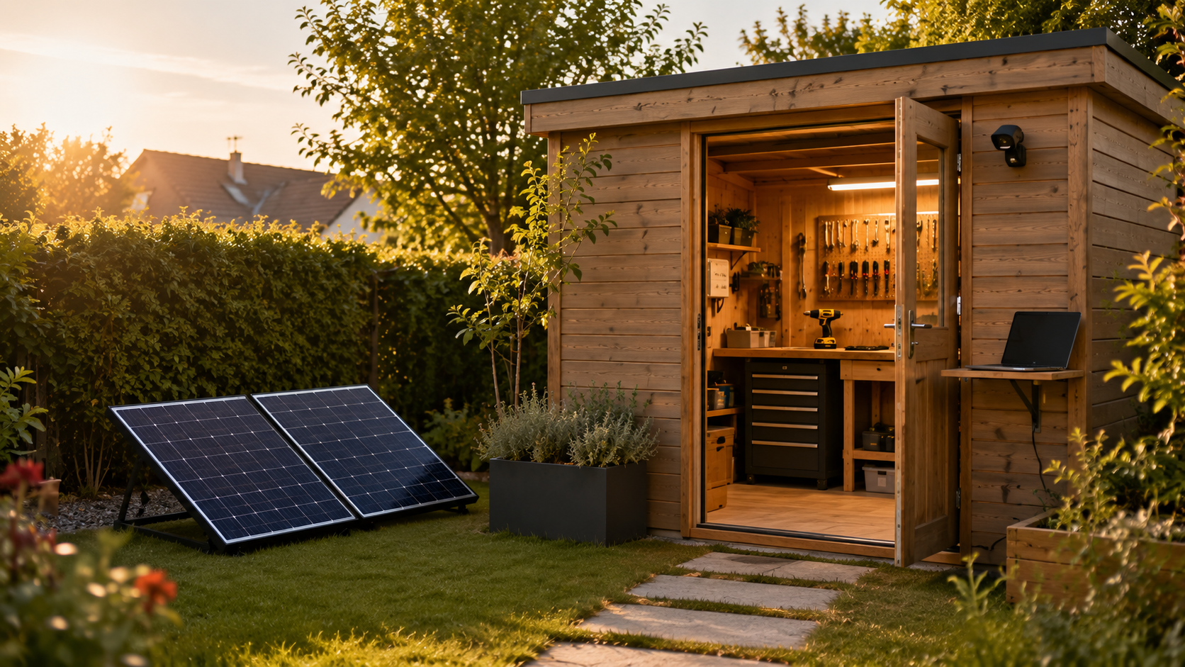 Abri de jardin autonome équipé de panneaux solaires avec éclairage et petit espace de bricolage