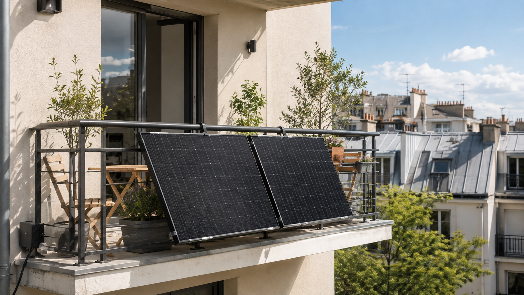 Deux panneaux solaires installés sur le garde-corps d'un balcon d'appartement