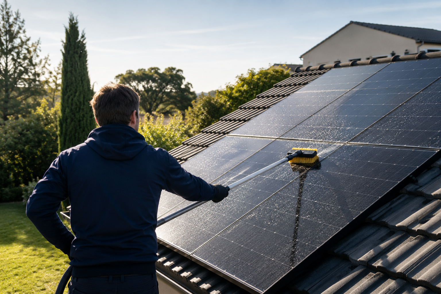 Nettoyage d'un panneau solaire à l'eau déminéralisée avec une brosse télescopique