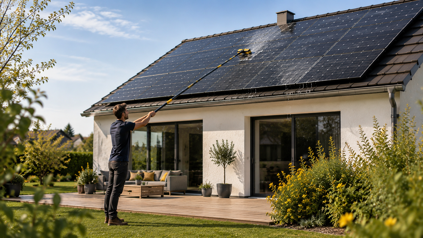 Propriétaire nettoyant des panneaux solaires avec une perche télescopique depuis le sol
